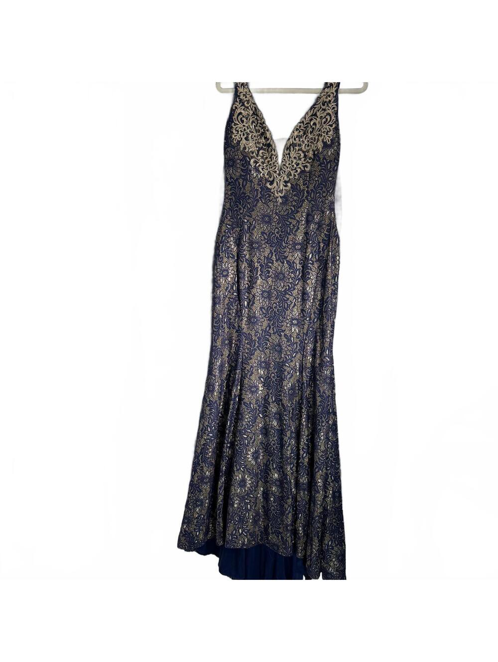 Stella Couture Size 16 Navy Gown Gold Floral Leaf Embroidery High Low Pageant